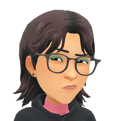 Auto-generated description: A cartoon-style avatar character with glasses and shoulder-length hair is looking to the side with a skeptical expression.